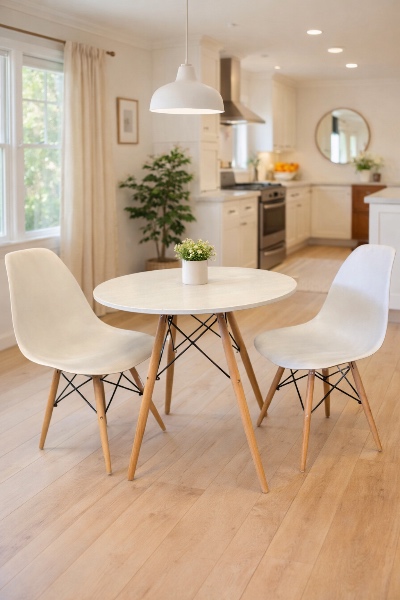 Mesa redonda branca com 2 cadeiras